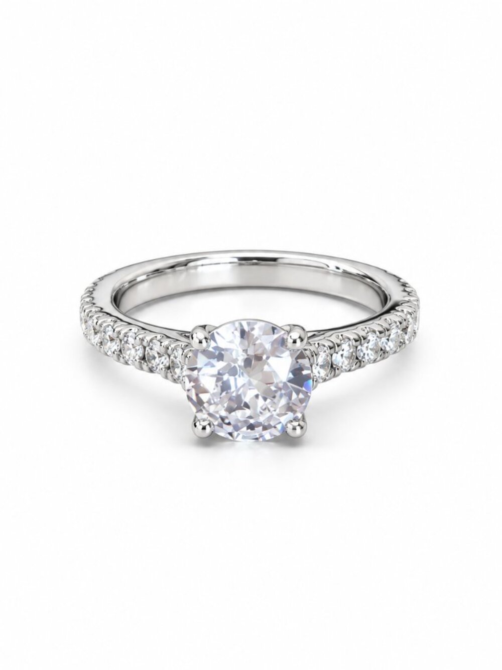 S925 Sterling Silver Round Cut Cubic Zirconia Solitaire Ring Pavé Band Size 7